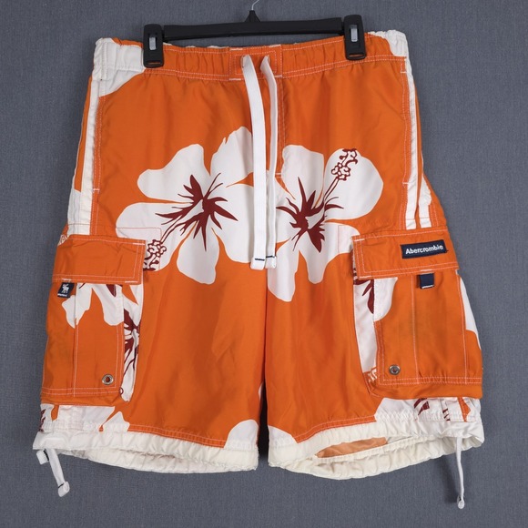 Abercrombie & Fitch Tugger Board Shorts Mens Medium Orange Tropical Surf Swim - Picture 1 of 13
